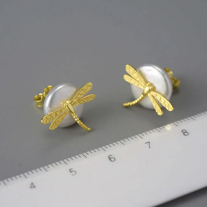 925 Silver Round Pearl Dragonfly Stud Earrings