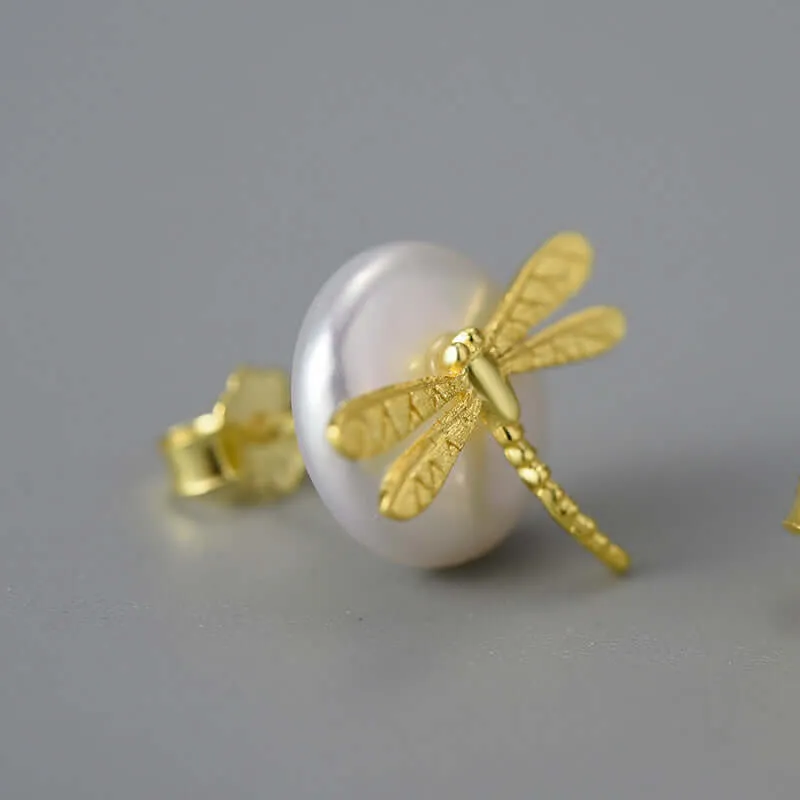 925 Silver Round Pearl Dragonfly Stud Earrings