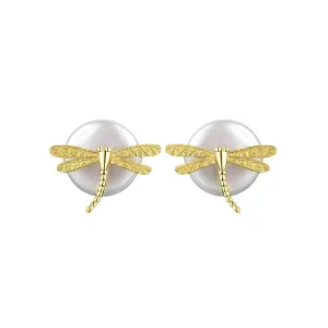 925 Silver Round Pearl Dragonfly Stud Earrings