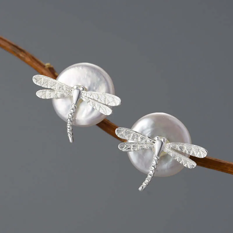 925 Silver Round Pearl Dragonfly Stud Earrings