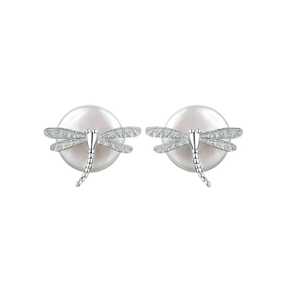 925 Silver Round Pearl Dragonfly Stud Earrings