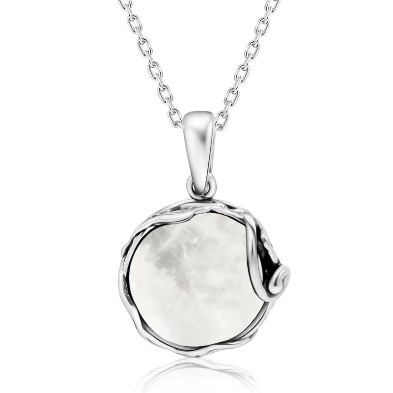 925 Sterling Silver Round White Moonstone 14mm Pendant