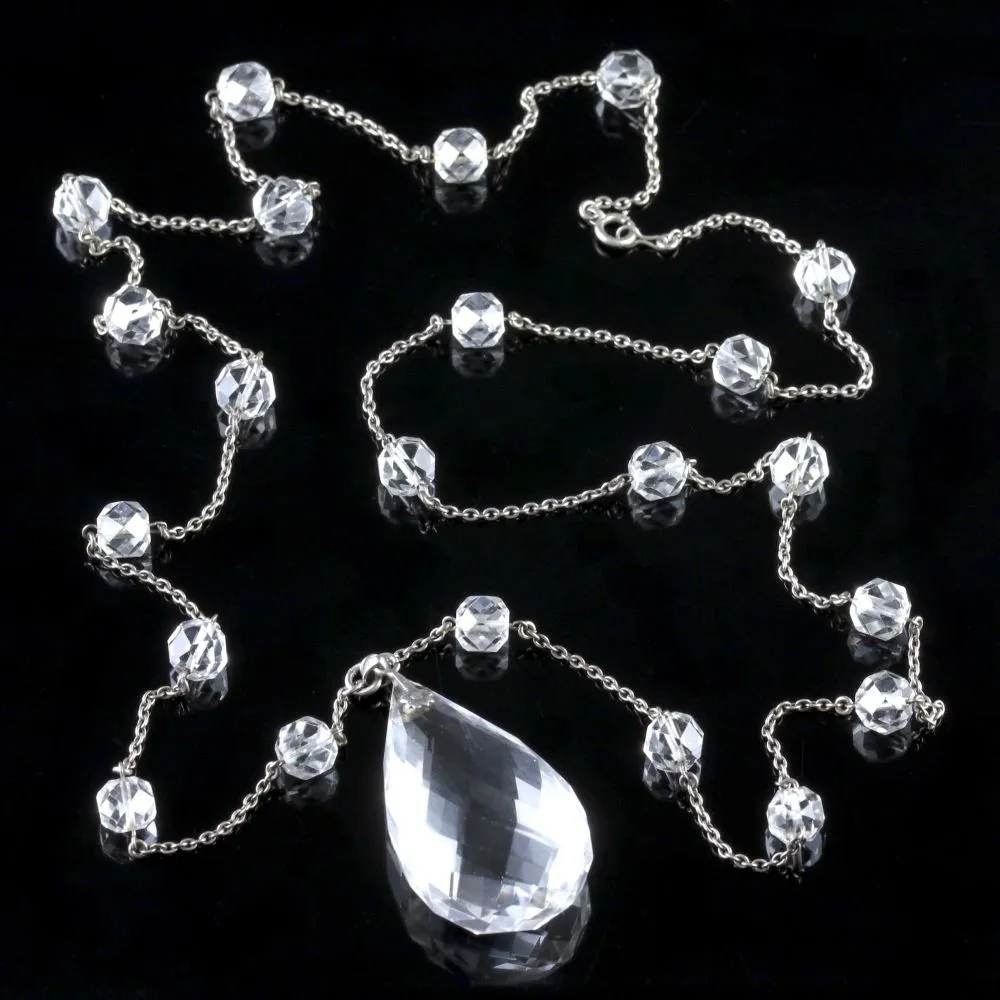 Antique Victorian Long Silver Rock Crystal Necklace Circa 1900 K.Uyeda