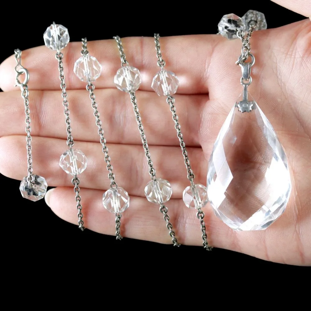 Antique Victorian Long Silver Rock Crystal Necklace Circa 1900 K.Uyeda