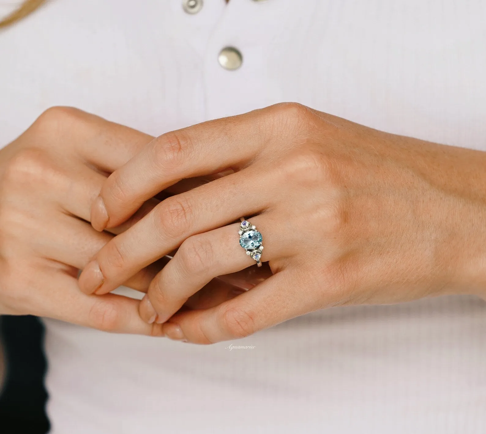 Aquamarine & Moonstone Ring- 925 Sterling Silver