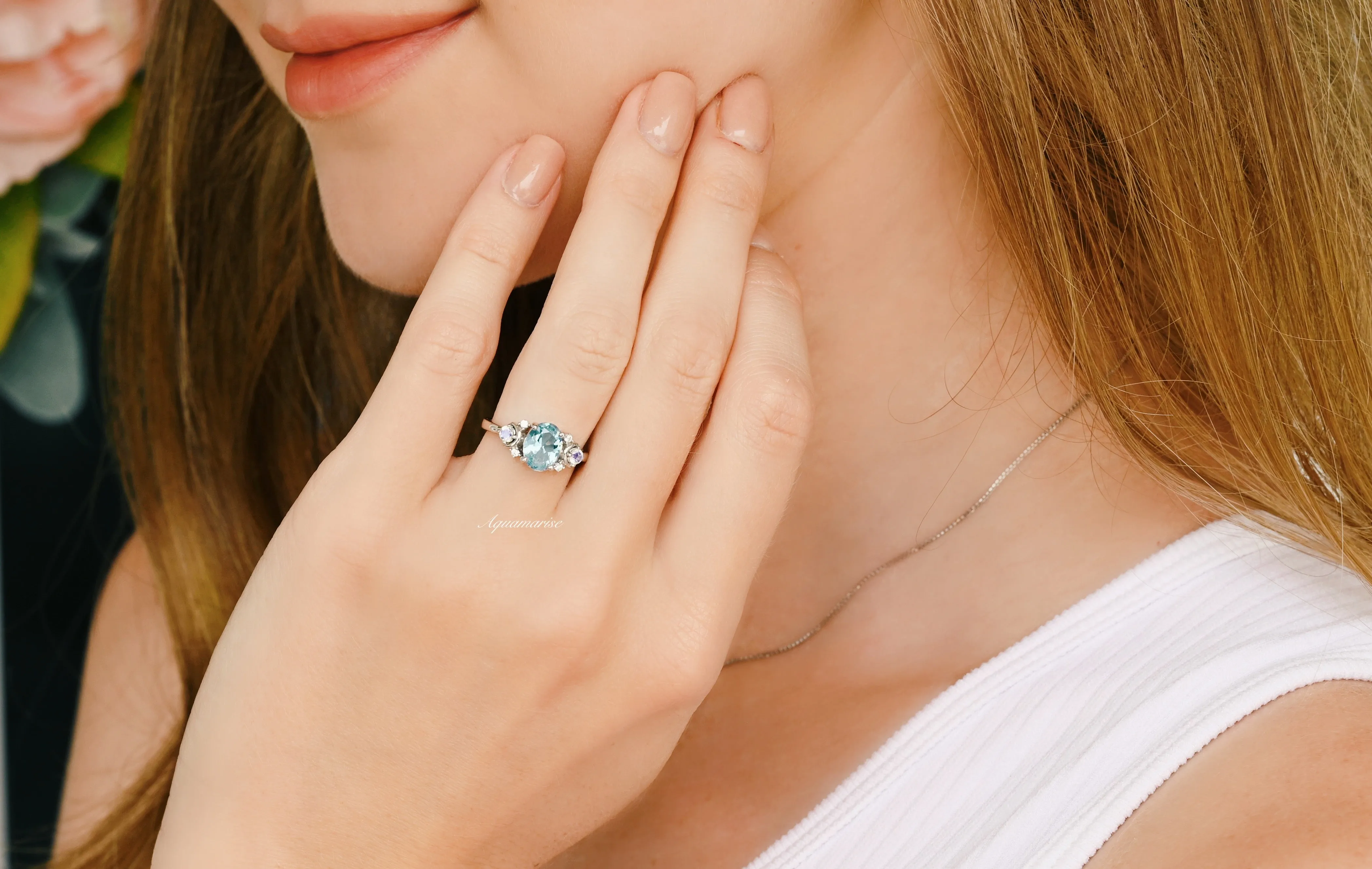 Aquamarine & Moonstone Ring- 925 Sterling Silver