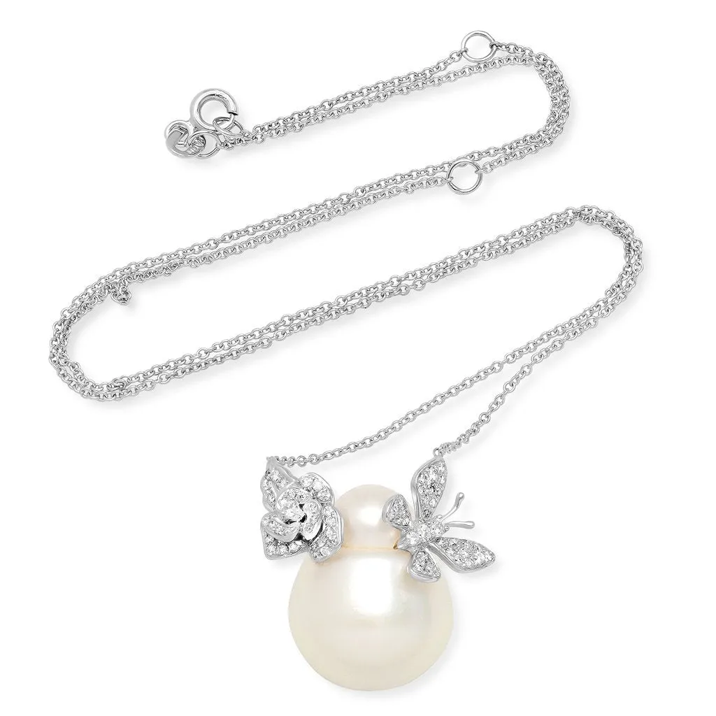 Australian Pearl with Diamond Rose and Butterfly Pendant Necklace