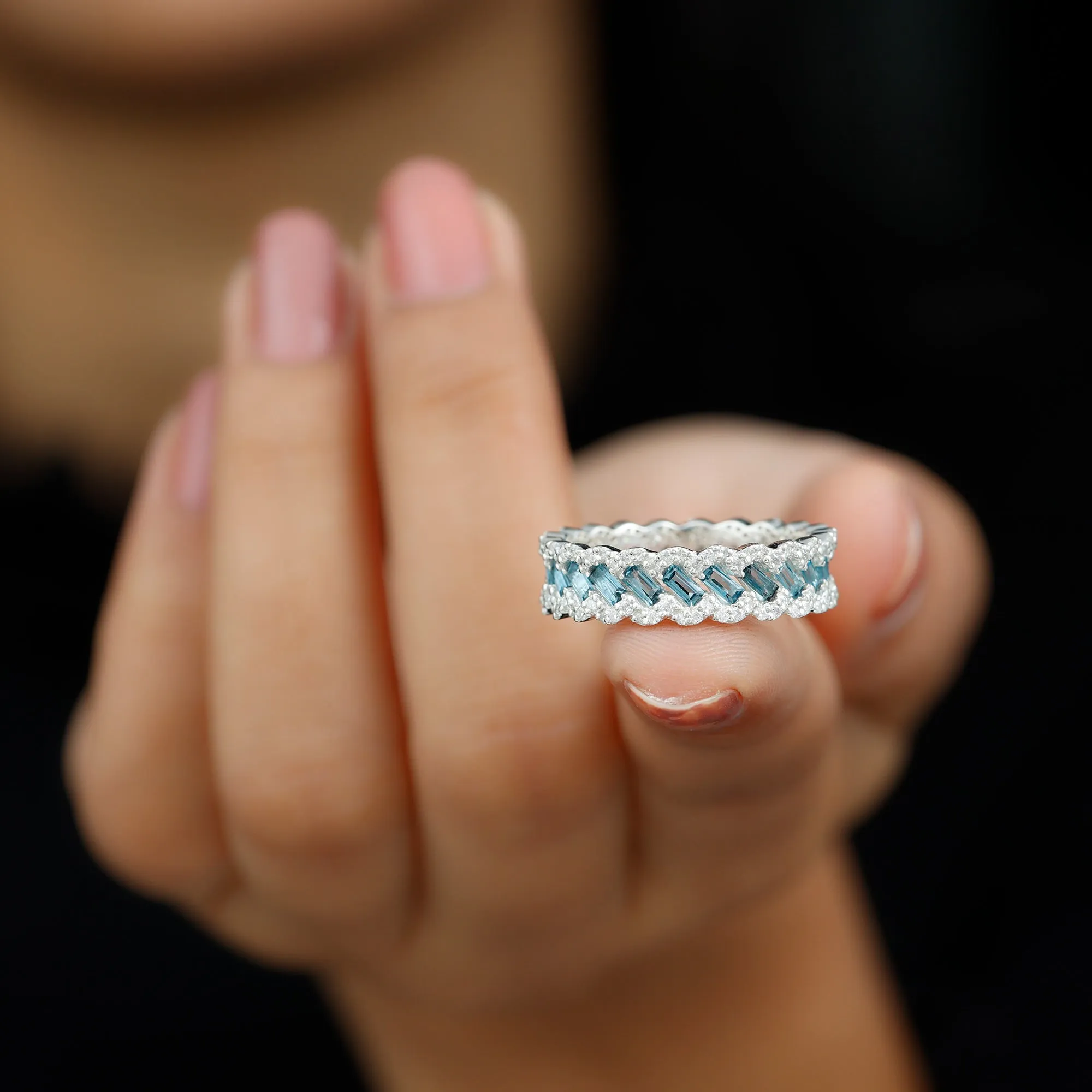 Baguette Cut London Blue Topaz and Diamond Braided Eternity Band