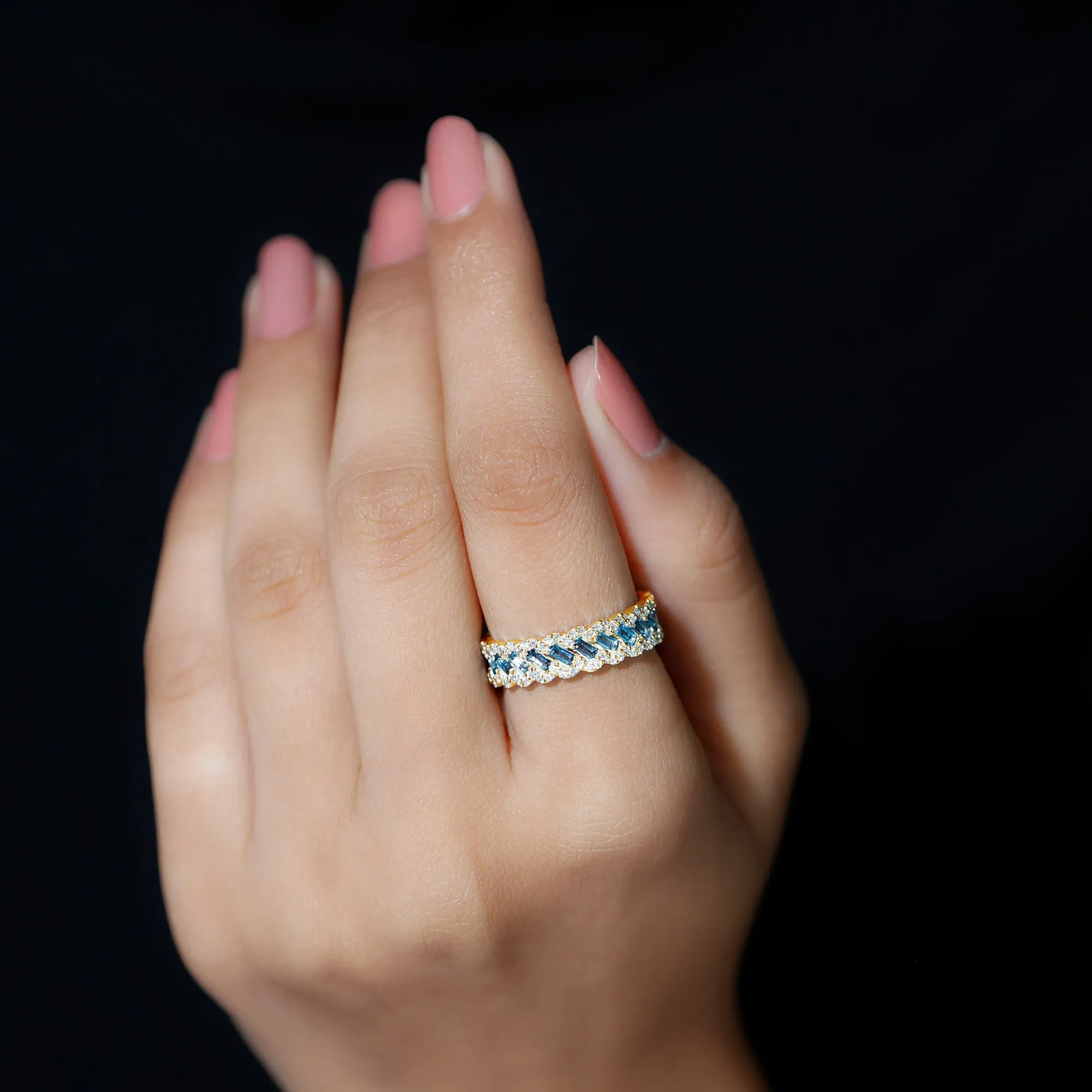 Baguette Cut London Blue Topaz and Diamond Braided Eternity Band