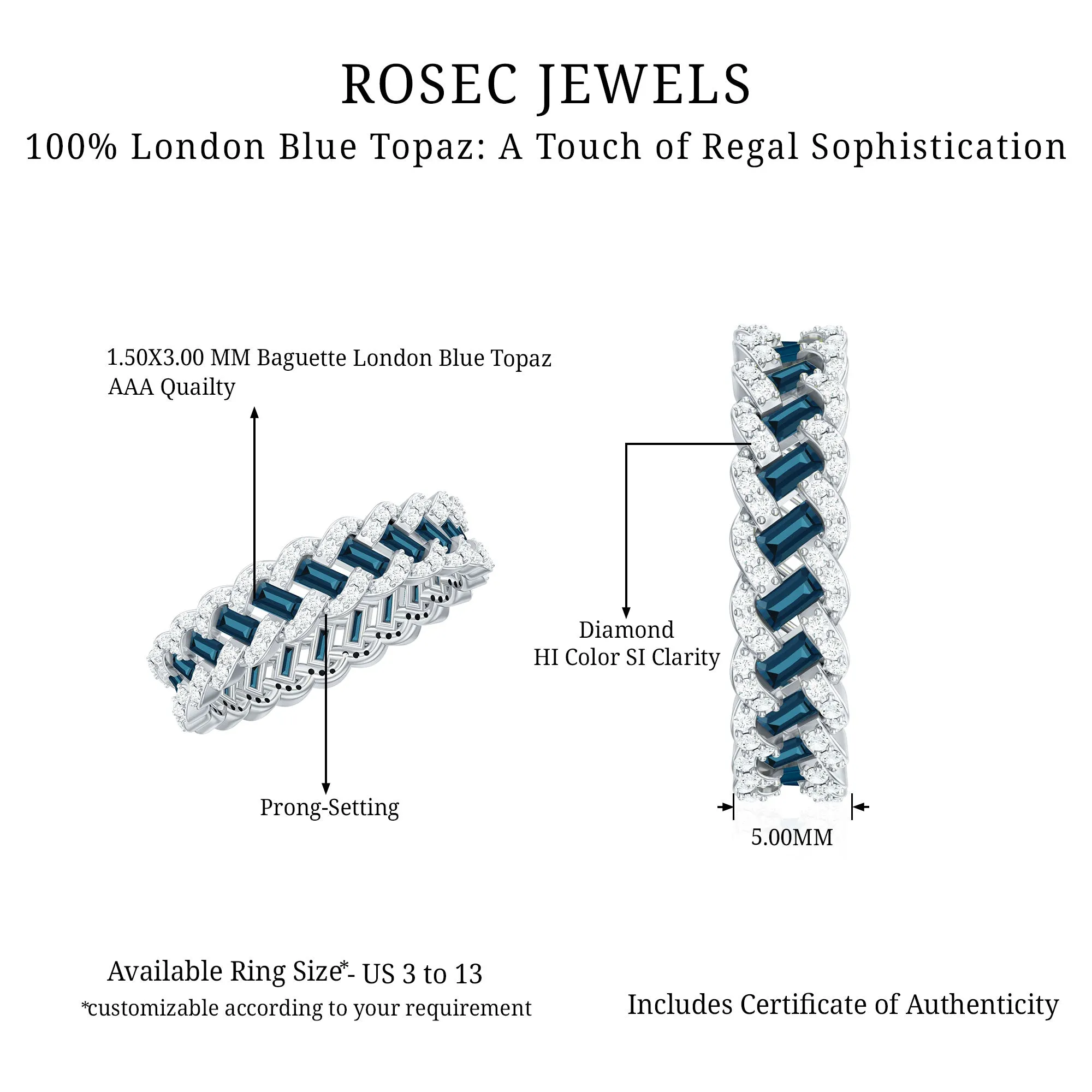 Baguette Cut London Blue Topaz and Diamond Braided Eternity Band