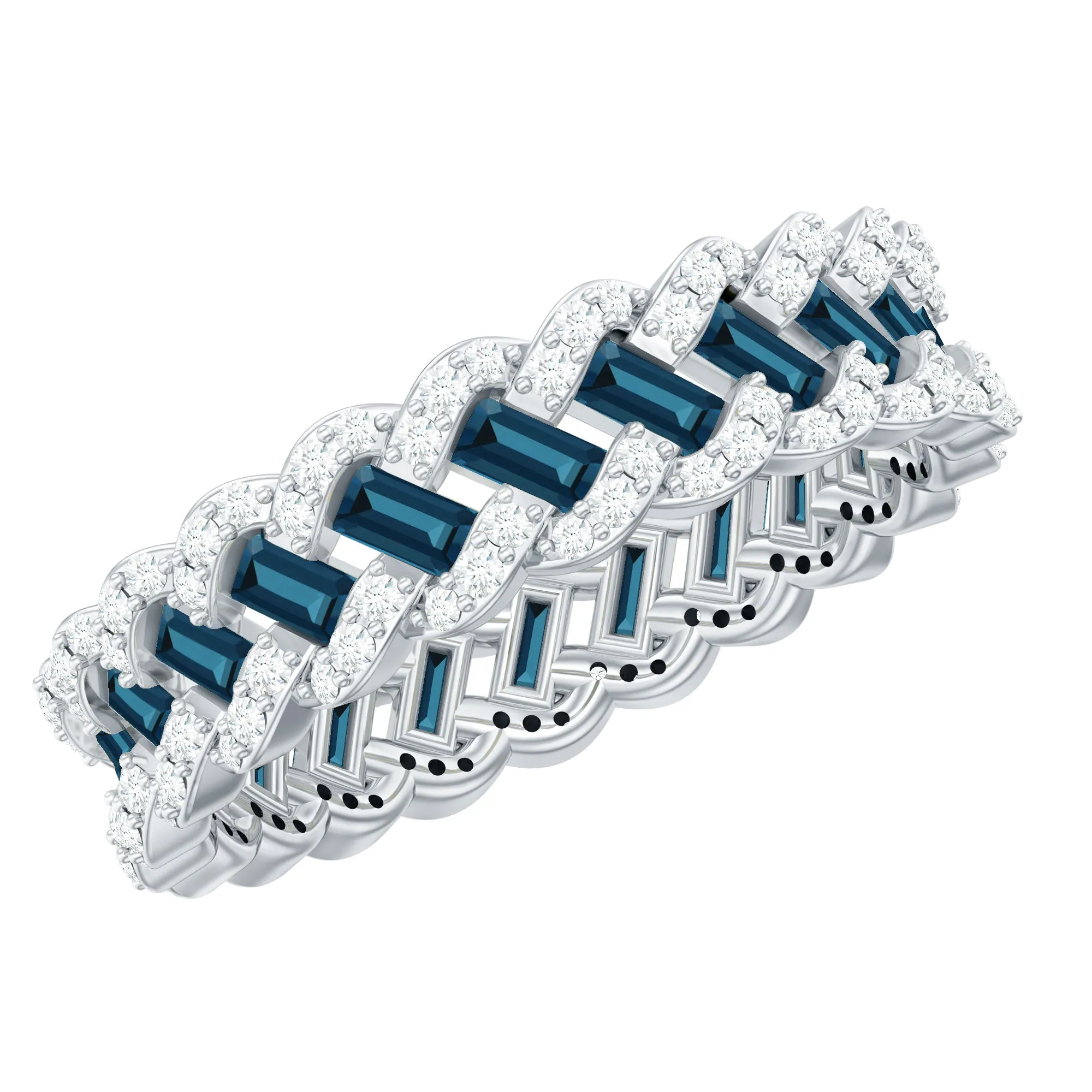 Baguette Cut London Blue Topaz and Diamond Braided Eternity Band