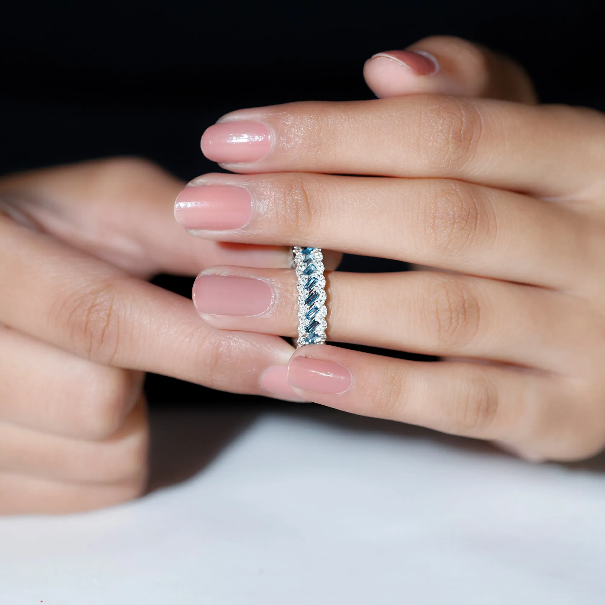 Baguette Cut London Blue Topaz and Diamond Braided Eternity Band