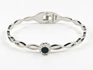 Beautiful Thin Center Round Disc With Black Stone & Roman Numerals Design Hinge Steel Bracelet