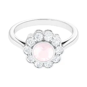 Bezel Set Round Rose Quartz Halo Engagement Ring with Diamond