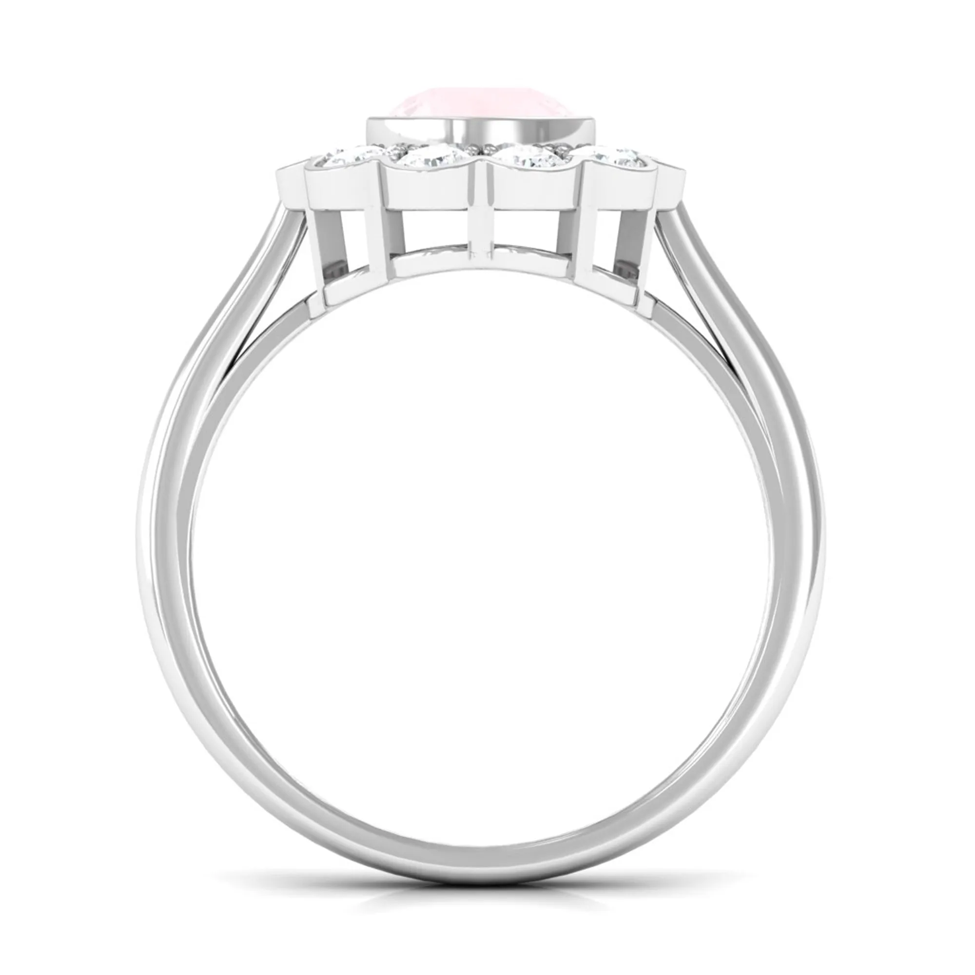 Bezel Set Round Rose Quartz Halo Engagement Ring with Diamond