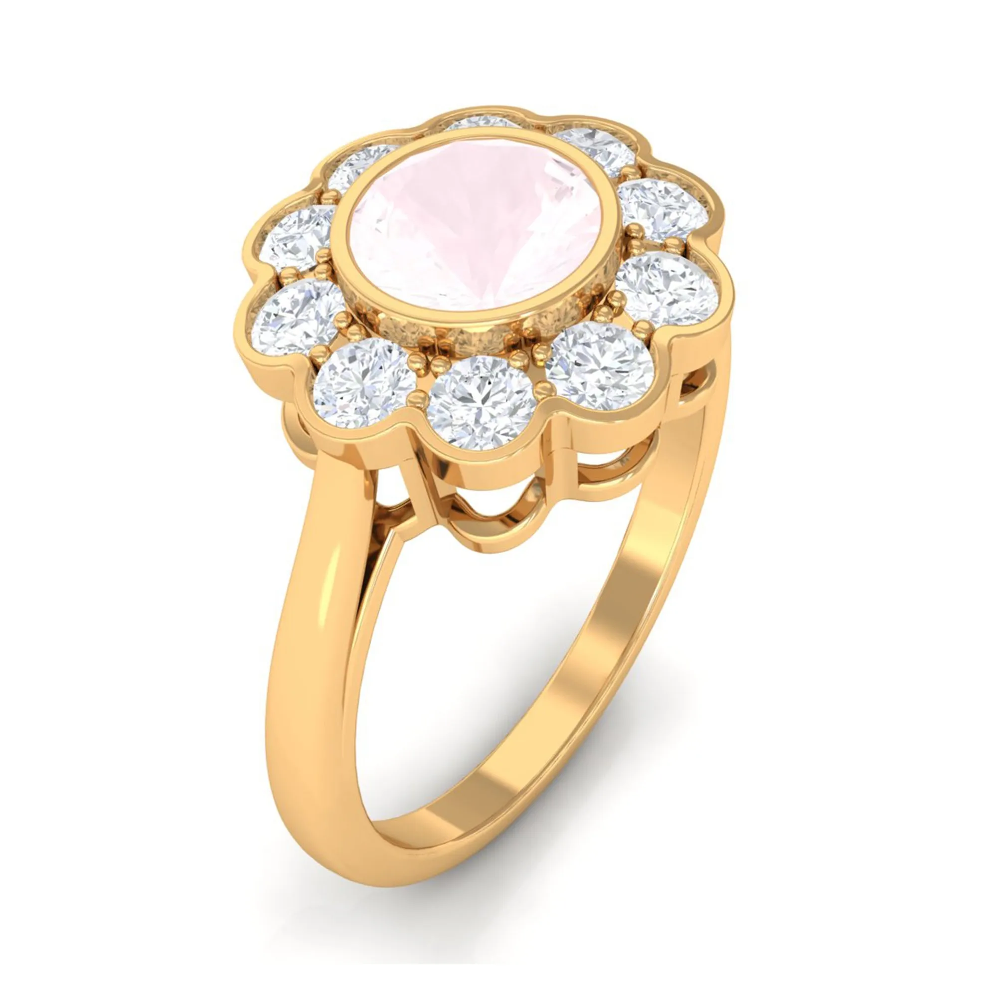 Bezel Set Round Rose Quartz Halo Engagement Ring with Diamond