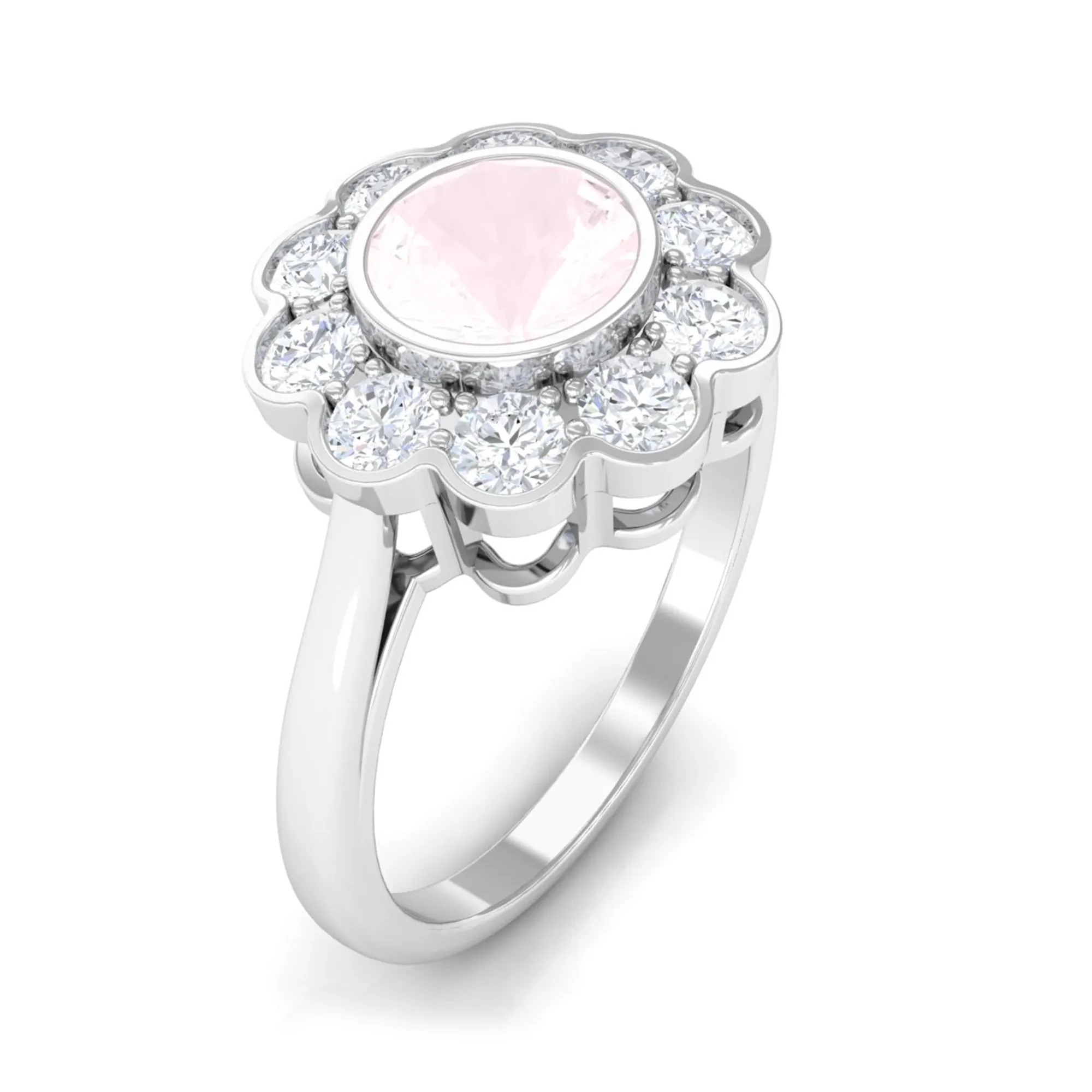 Bezel Set Round Rose Quartz Halo Engagement Ring with Diamond