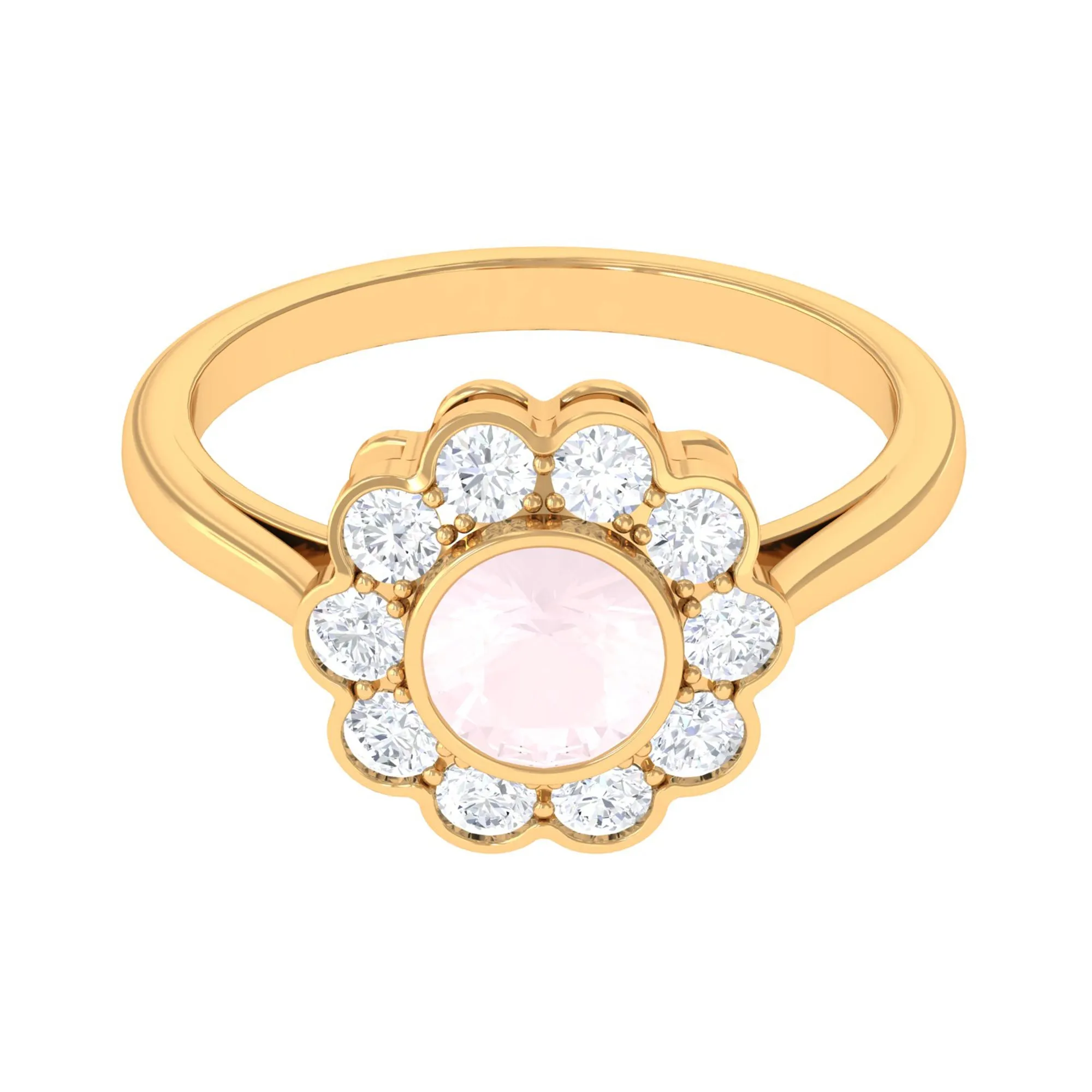 Bezel Set Round Rose Quartz Halo Engagement Ring with Diamond