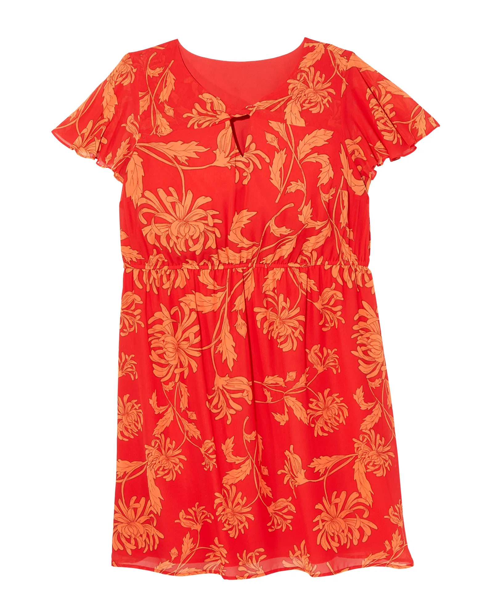 Bridgeport Short Flutter Sleeve Twist Neck Fit and Flare Dress | Coral