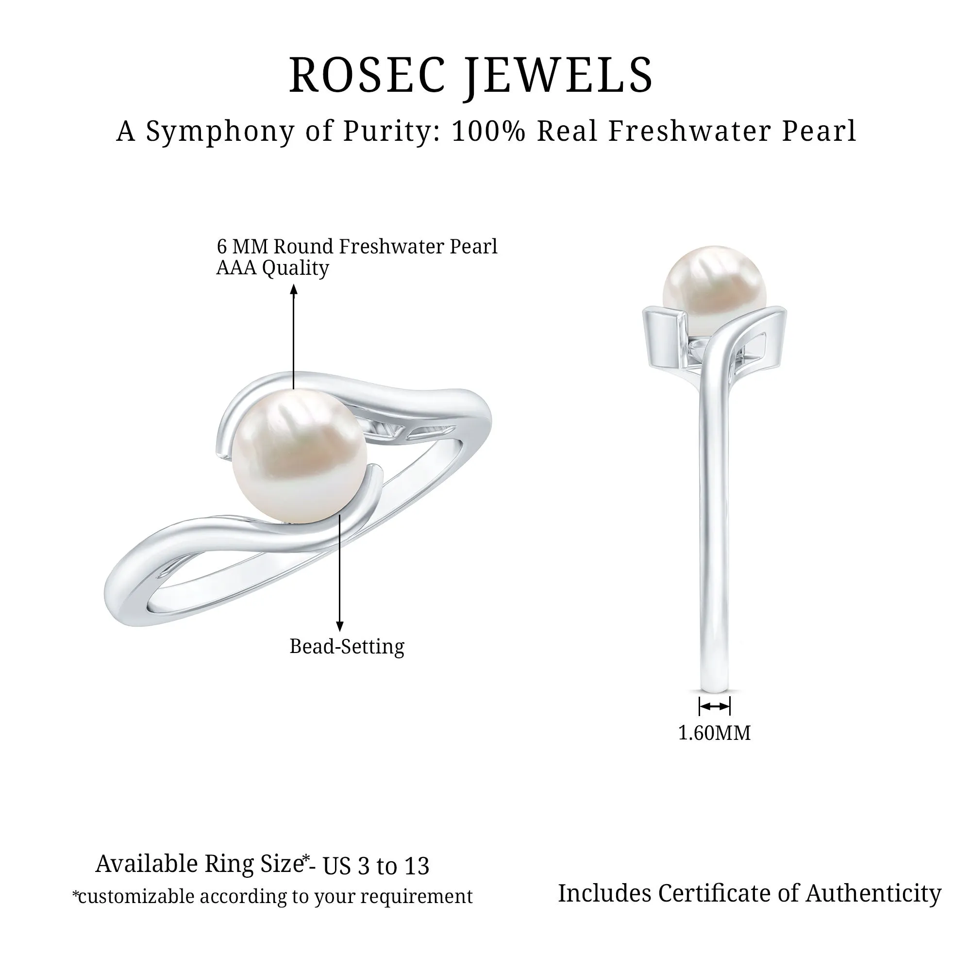 Bypass Freshwater Pearl Solitaire Ring