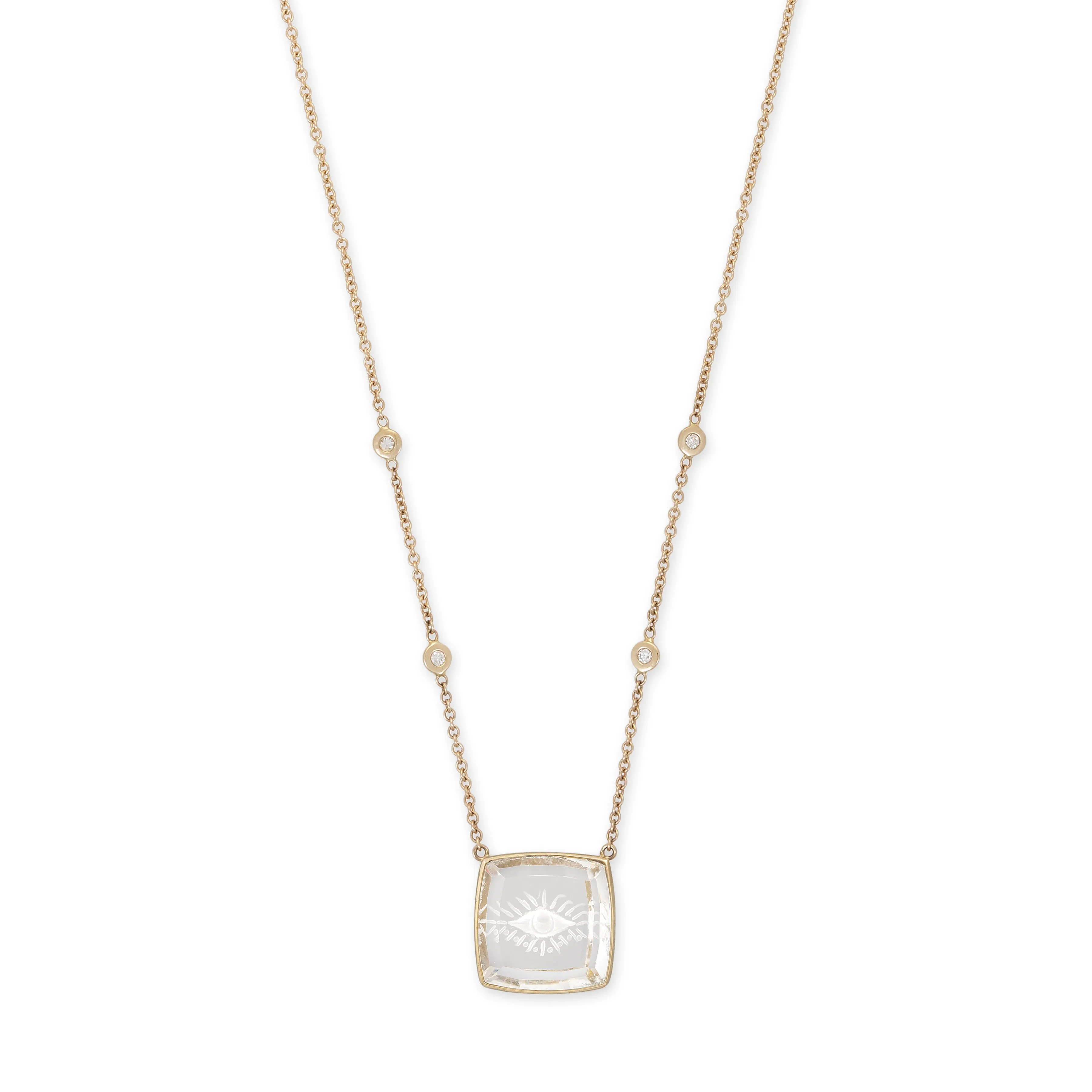 CARVED EYE BURST CLEAR QUARTZ SQUARE NECKLACE