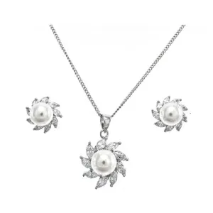 Classic Elegant Center Pearl Sun Design CZ Earring Necklace Brass Set