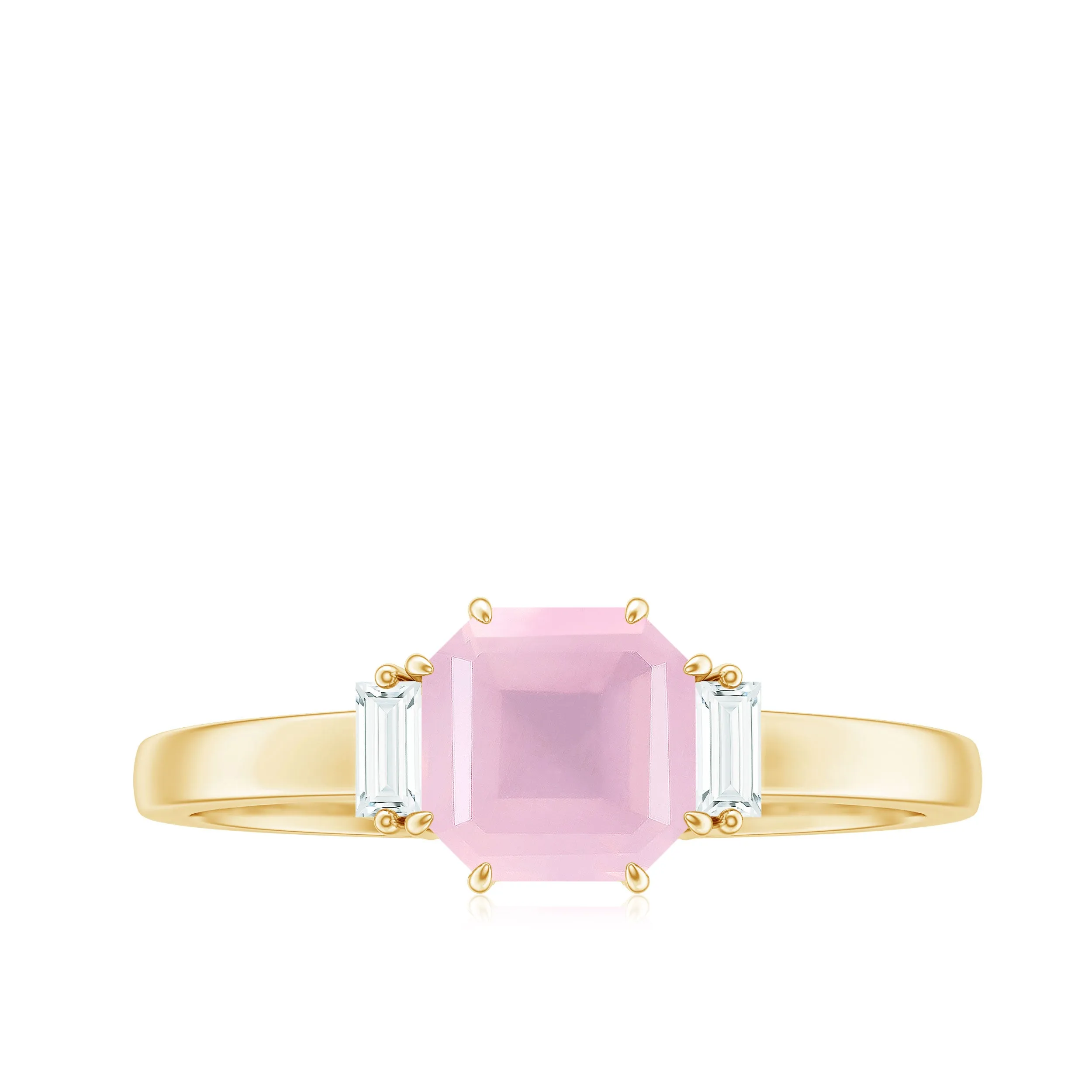 Claw Set Asscher Cut Rose Quartz Solitaire Engagement Ring with Diamond