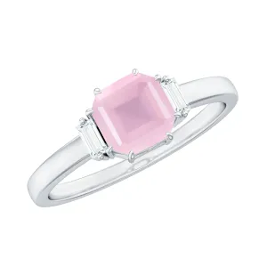 Claw Set Asscher Cut Rose Quartz Solitaire Engagement Ring with Diamond