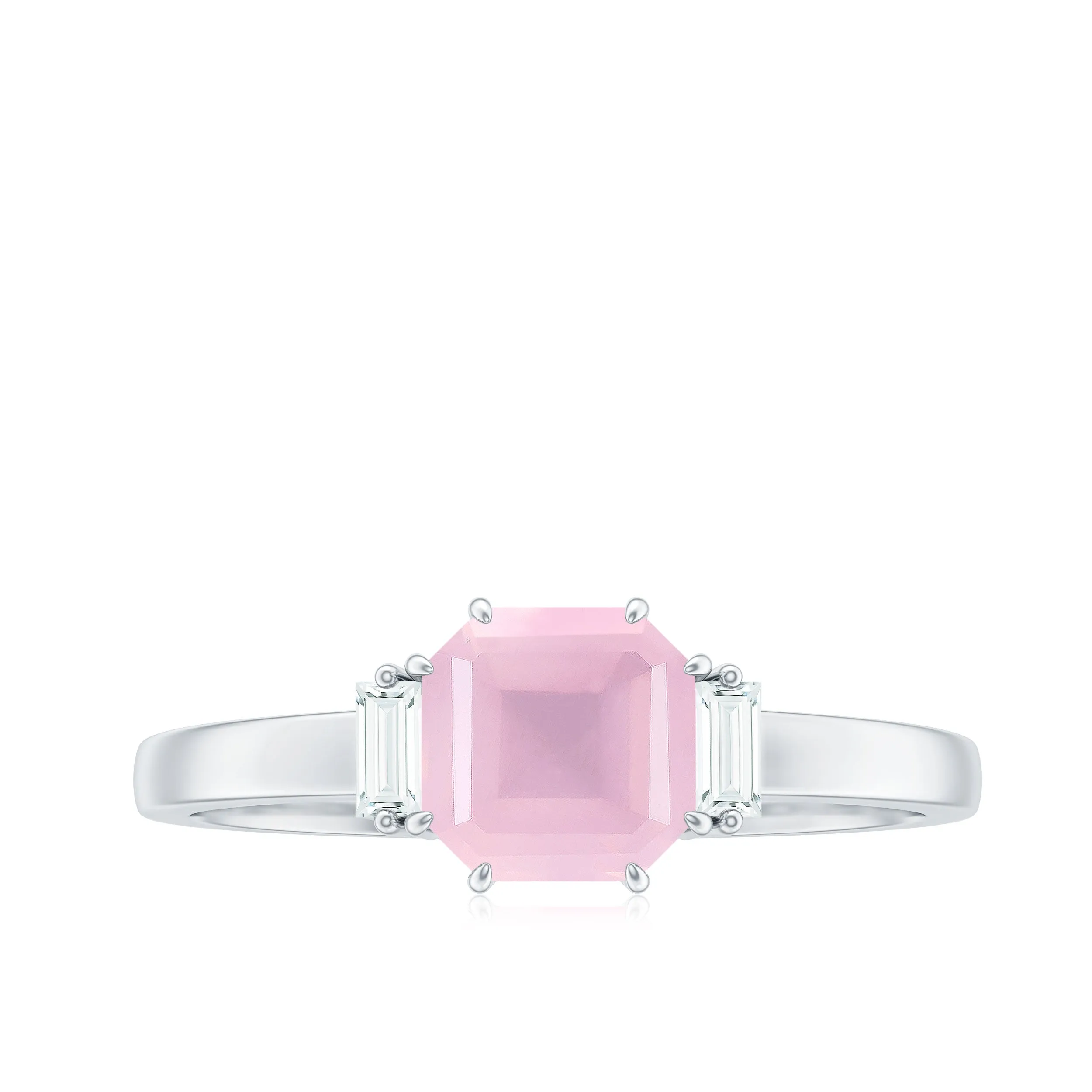 Claw Set Asscher Cut Rose Quartz Solitaire Engagement Ring with Diamond