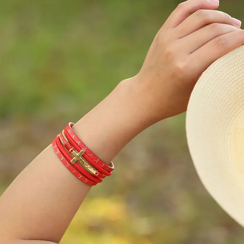 'Cross' Charm Cuff Bracelet - brown