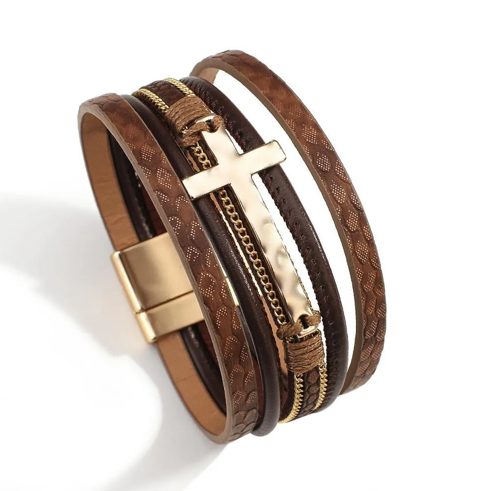 'Cross' Charm Cuff Bracelet - brown