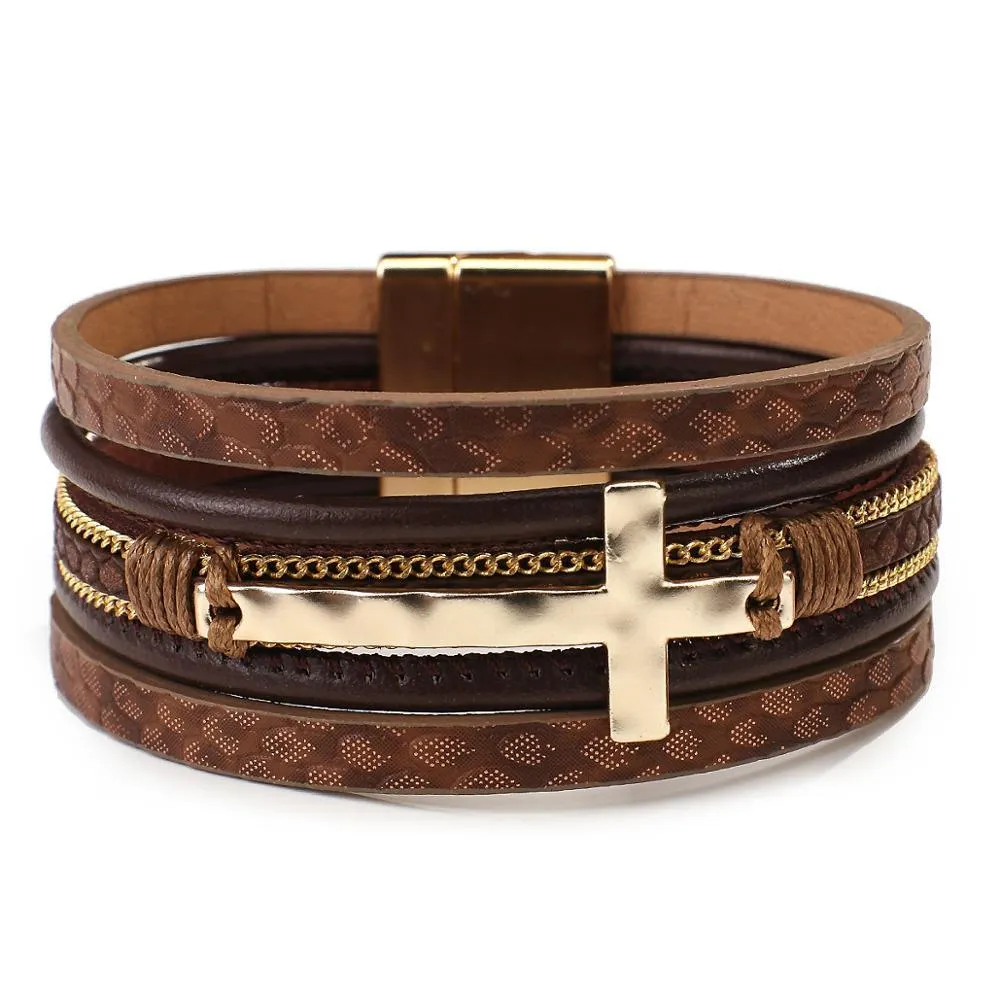 'Cross' Charm Cuff Bracelet - brown