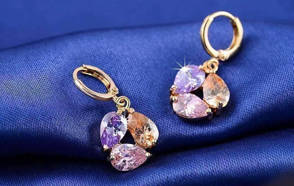 Crystal Cluster Pear Shape Cubic Zirconia Dangling 18K Rose Gold plated Charm Earrings for Women by Feshionn IOBI