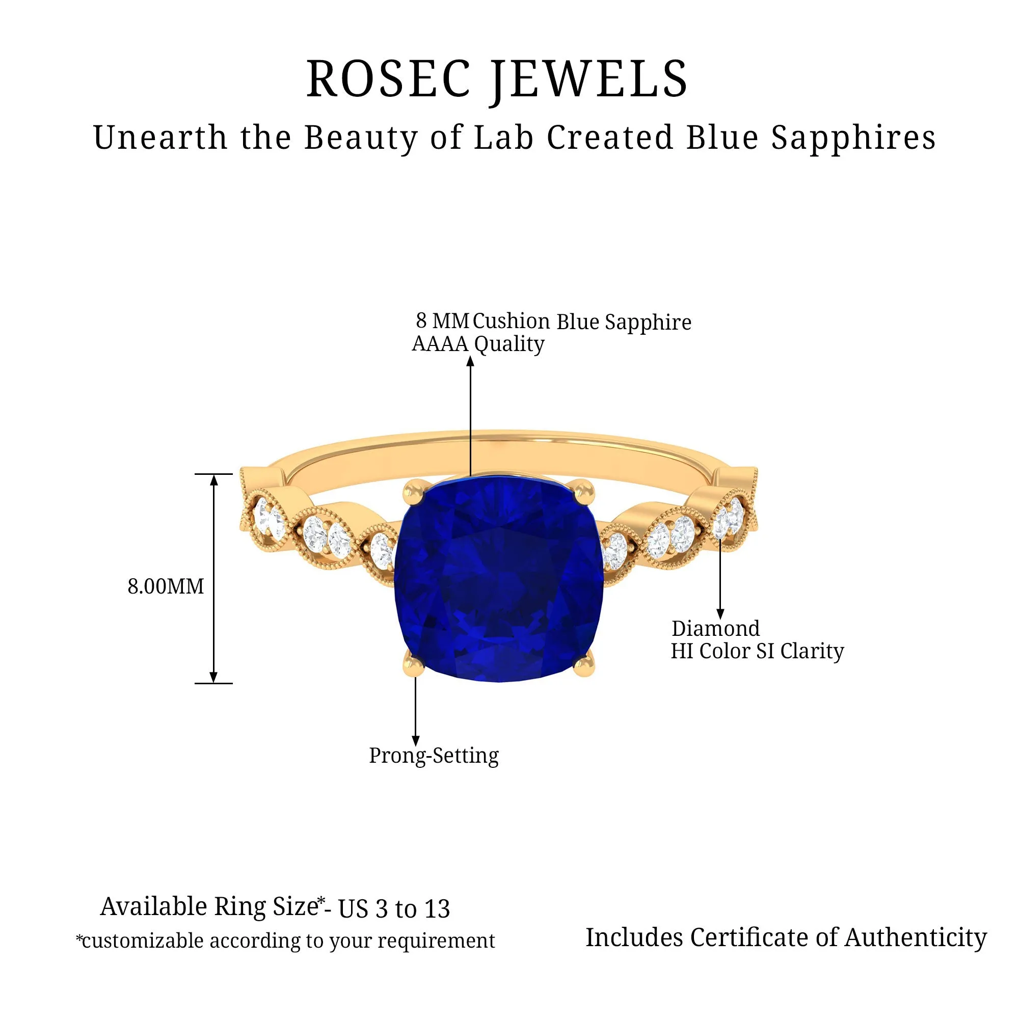 Cushion Cut Lab Grown Blue Sapphire Solitaire Engagement Ring with Diamond