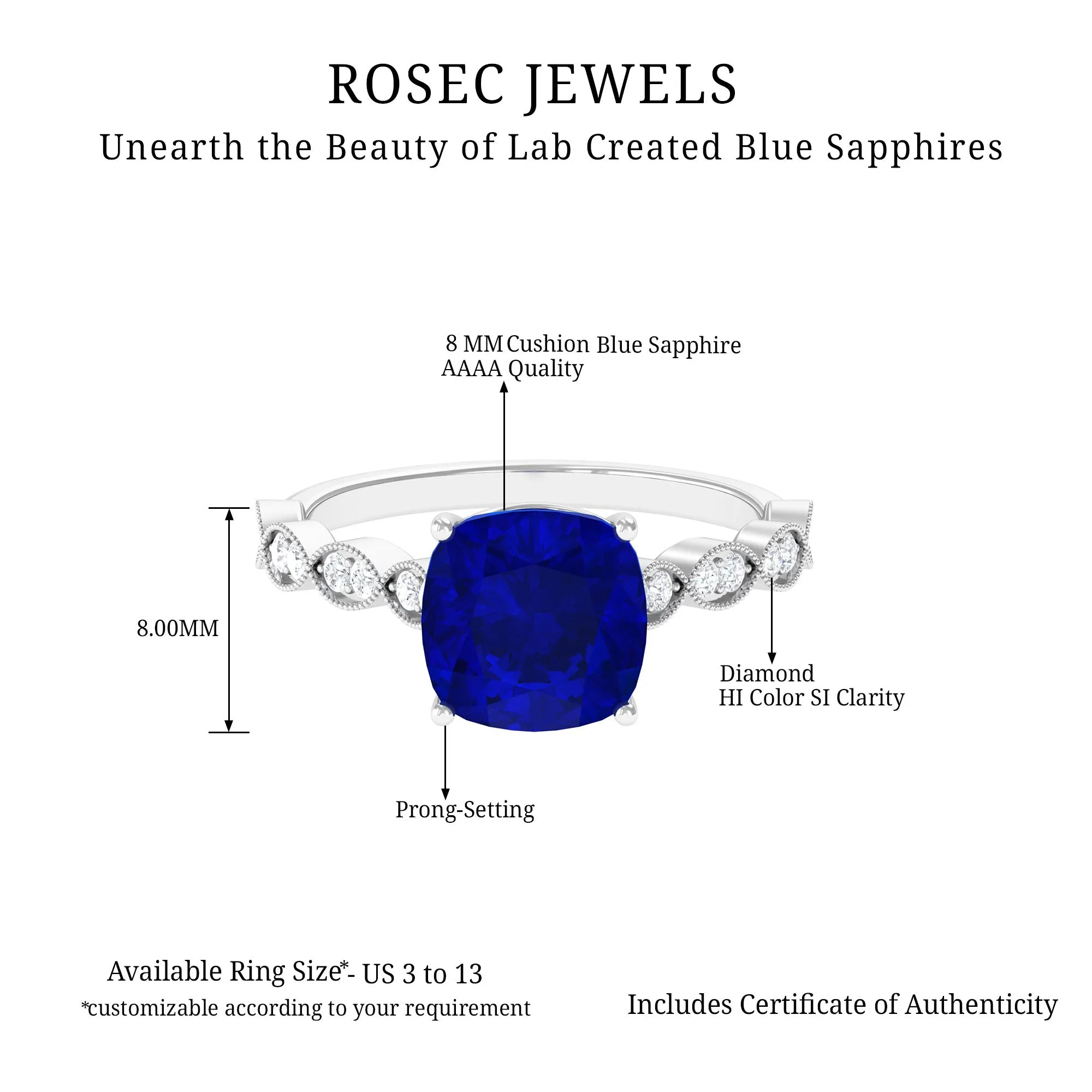 Cushion Cut Lab Grown Blue Sapphire Solitaire Engagement Ring with Diamond