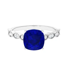 Cushion Cut Lab Grown Blue Sapphire Solitaire Engagement Ring with Diamond