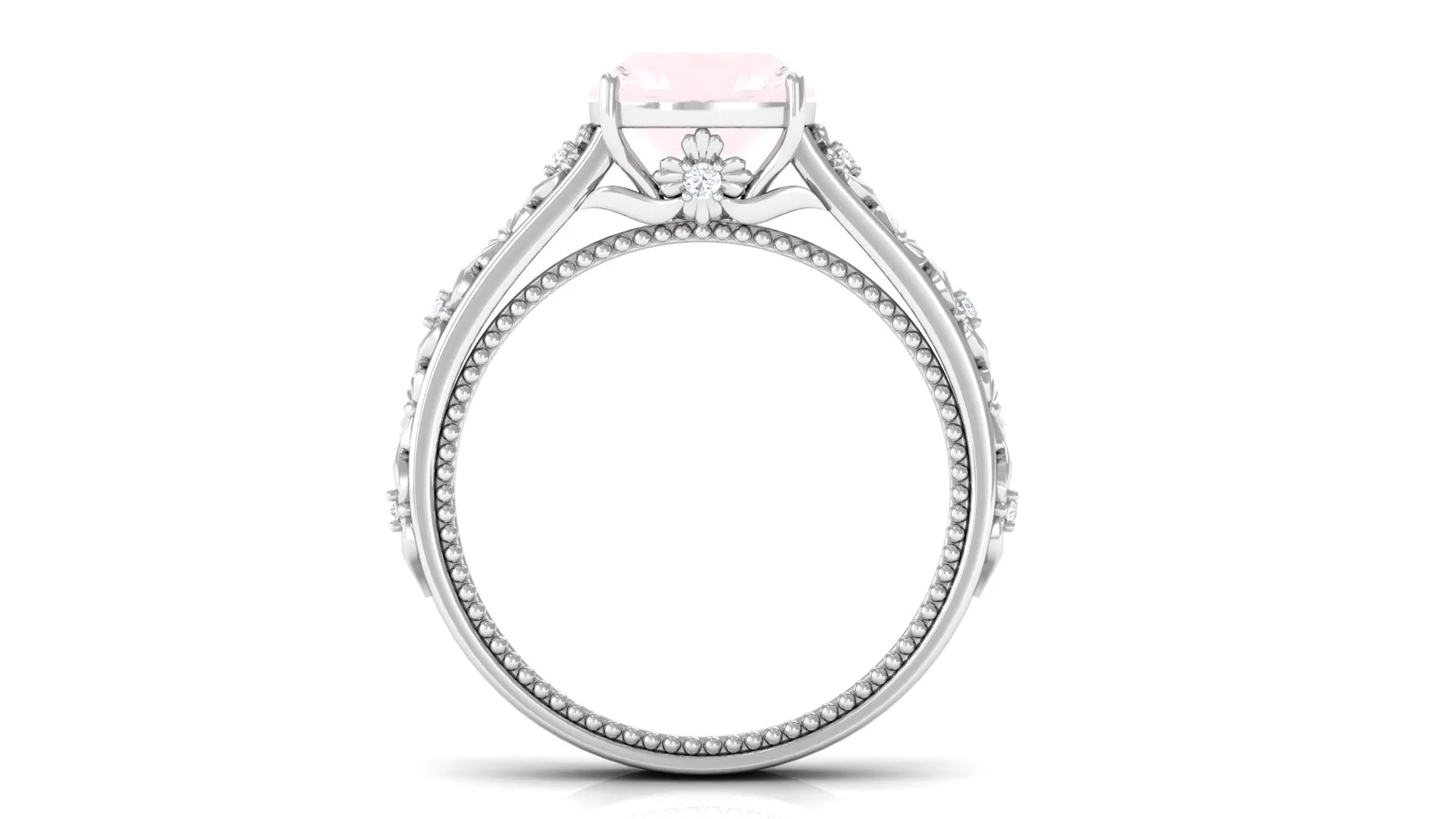 Cushion Cut Solitaire Rose Quartz Floral Engagement Ring with Diamond