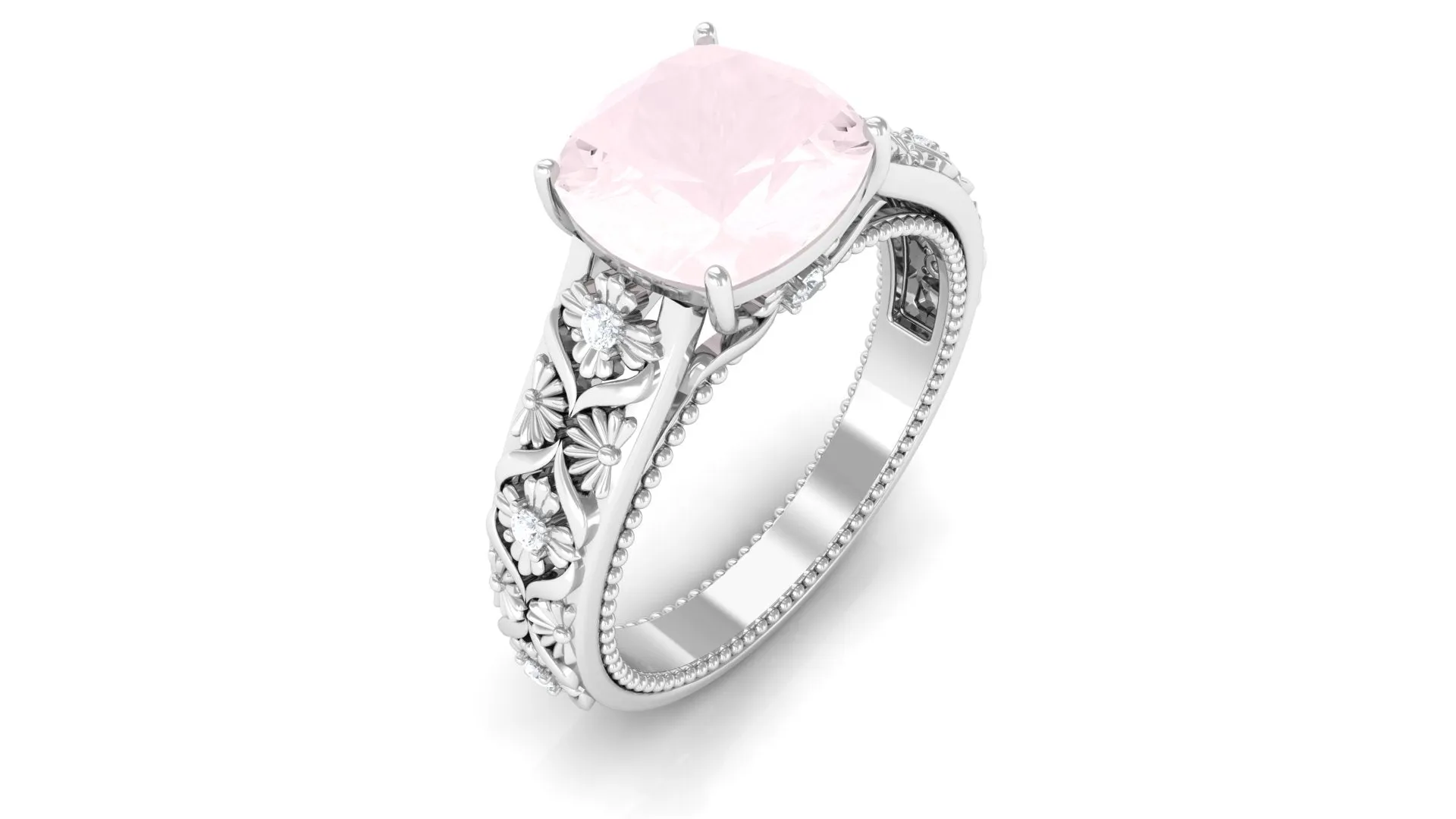 Cushion Cut Solitaire Rose Quartz Floral Engagement Ring with Diamond