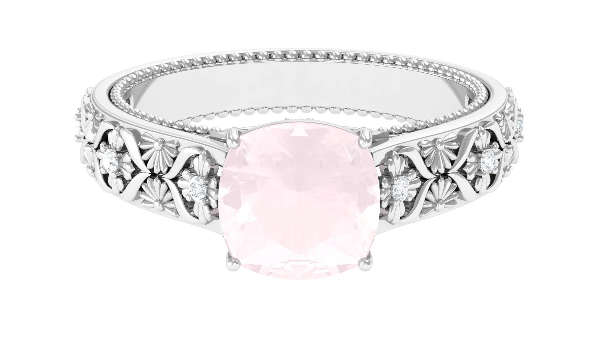 Cushion Cut Solitaire Rose Quartz Floral Engagement Ring with Diamond