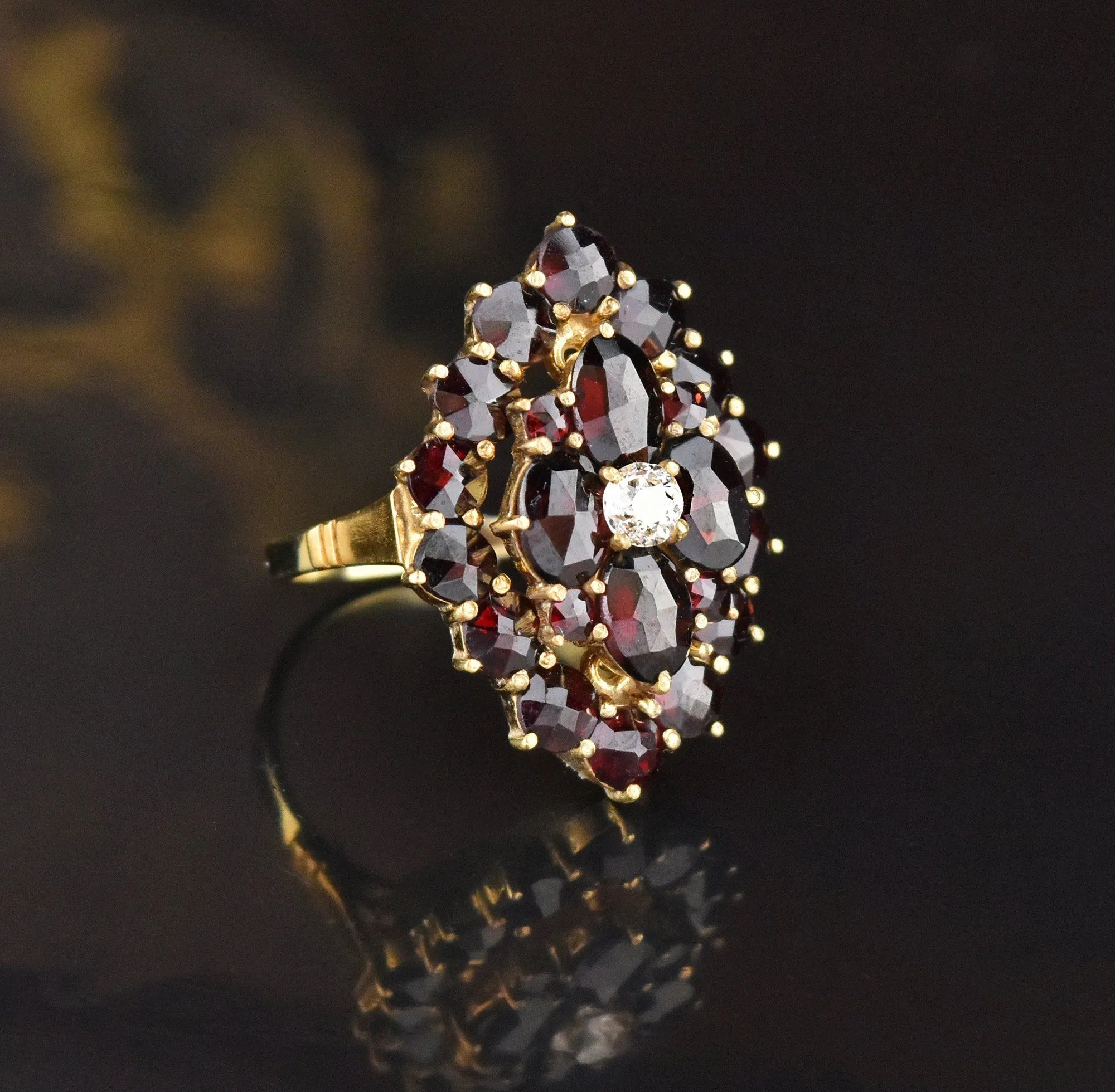 DEPOSIT ON HOLD Victorian Style Gold Diamond Garnet Cluster Ring