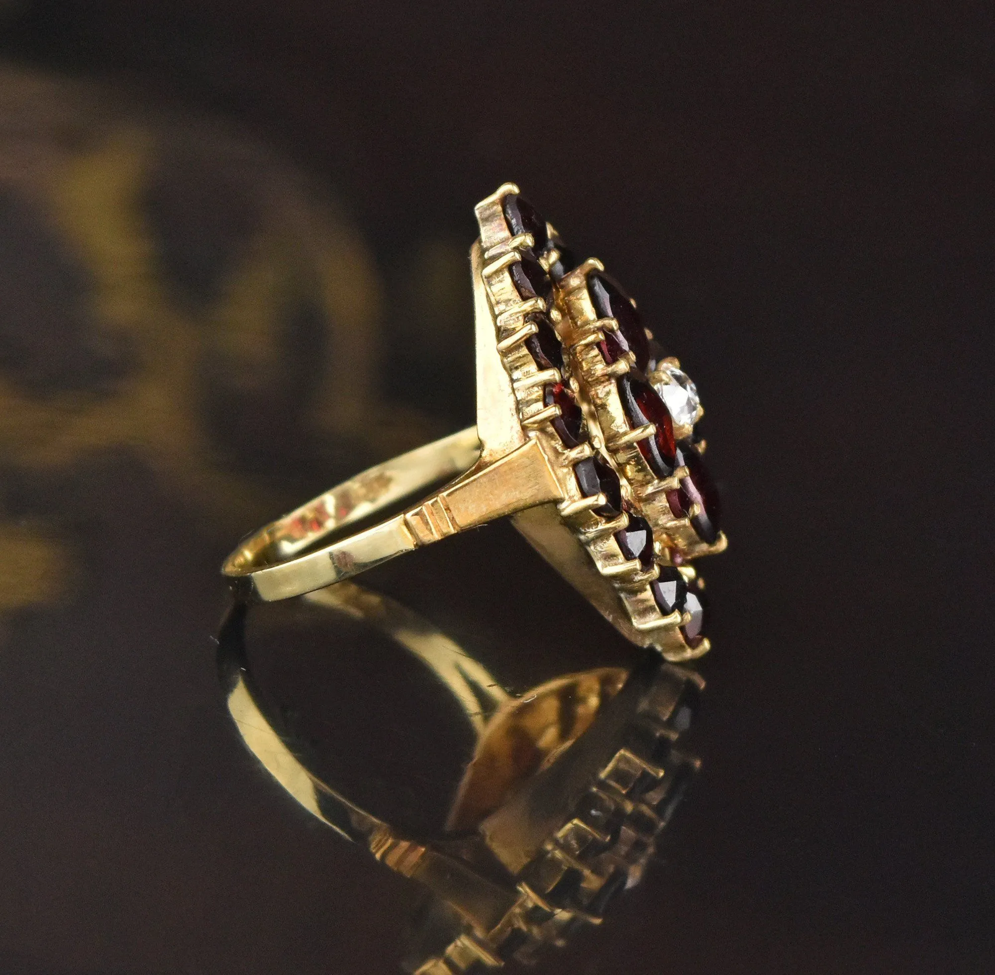 DEPOSIT ON HOLD Victorian Style Gold Diamond Garnet Cluster Ring