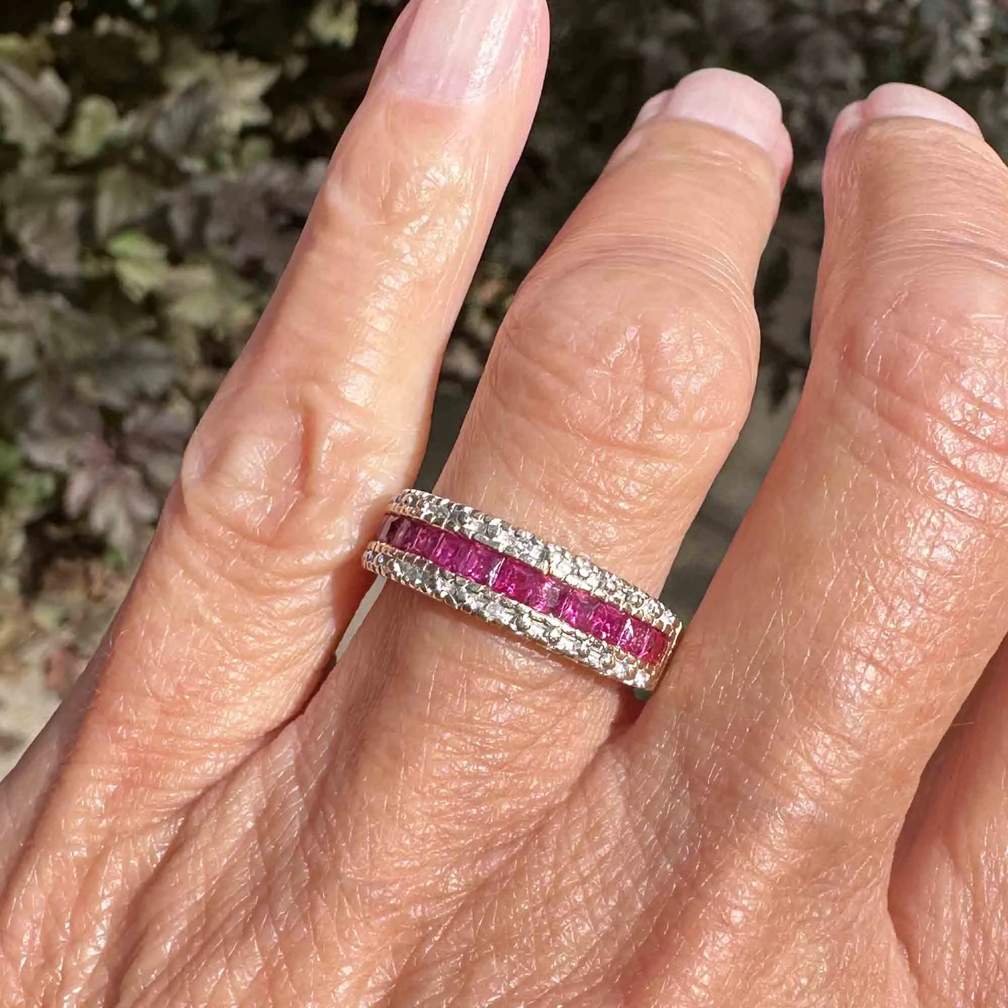 Diamond Carre Ruby Half Eternity Ring Band in Gold