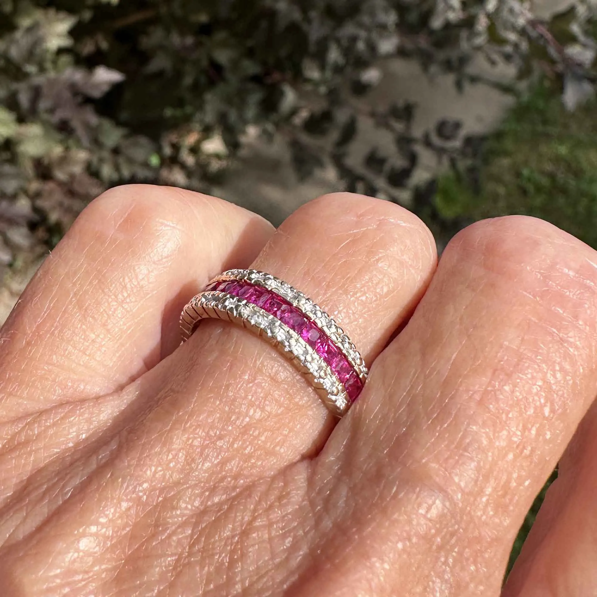 Diamond Carre Ruby Half Eternity Ring Band in Gold