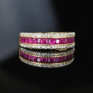 Diamond Carre Ruby Half Eternity Ring Band in Gold