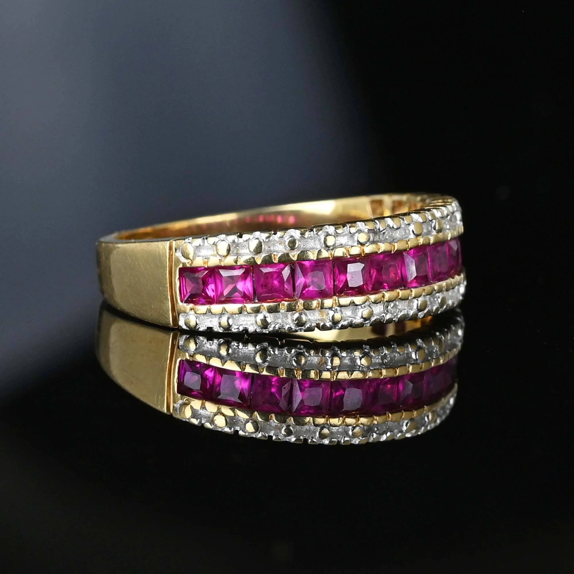 Diamond Carre Ruby Half Eternity Ring Band in Gold