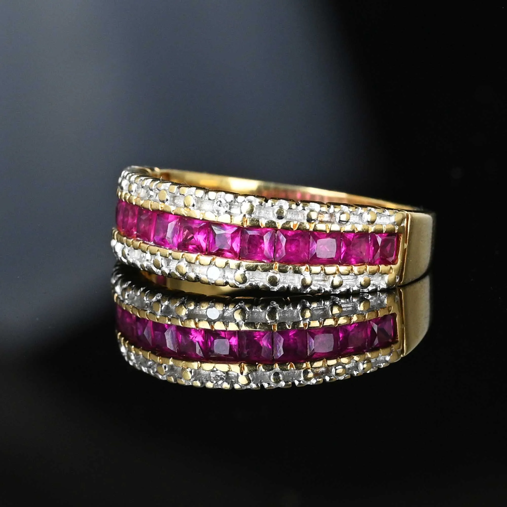 Diamond Carre Ruby Half Eternity Ring Band in Gold