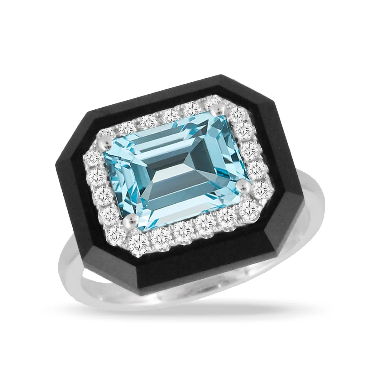 Doves 18K White Gold Sky Blue Topaz with Diamond Halo and Black Onyx Border Ring