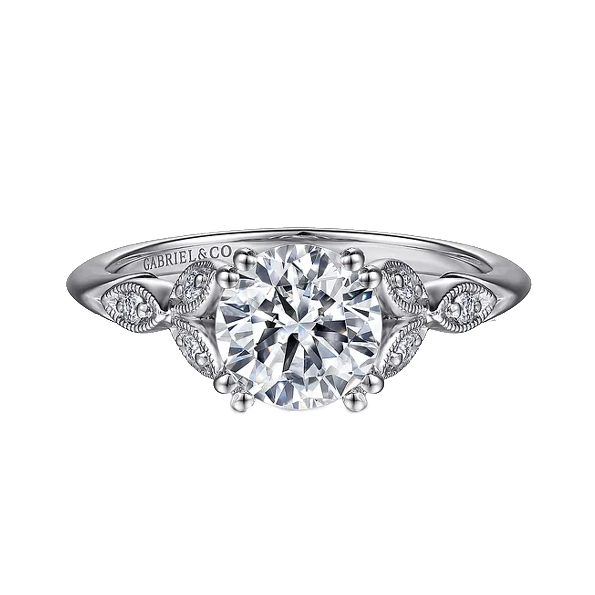 Gabriel "Celia" 14K White Gold Trio Milgrain Petal Victorian Style Engagement Ring Mounting