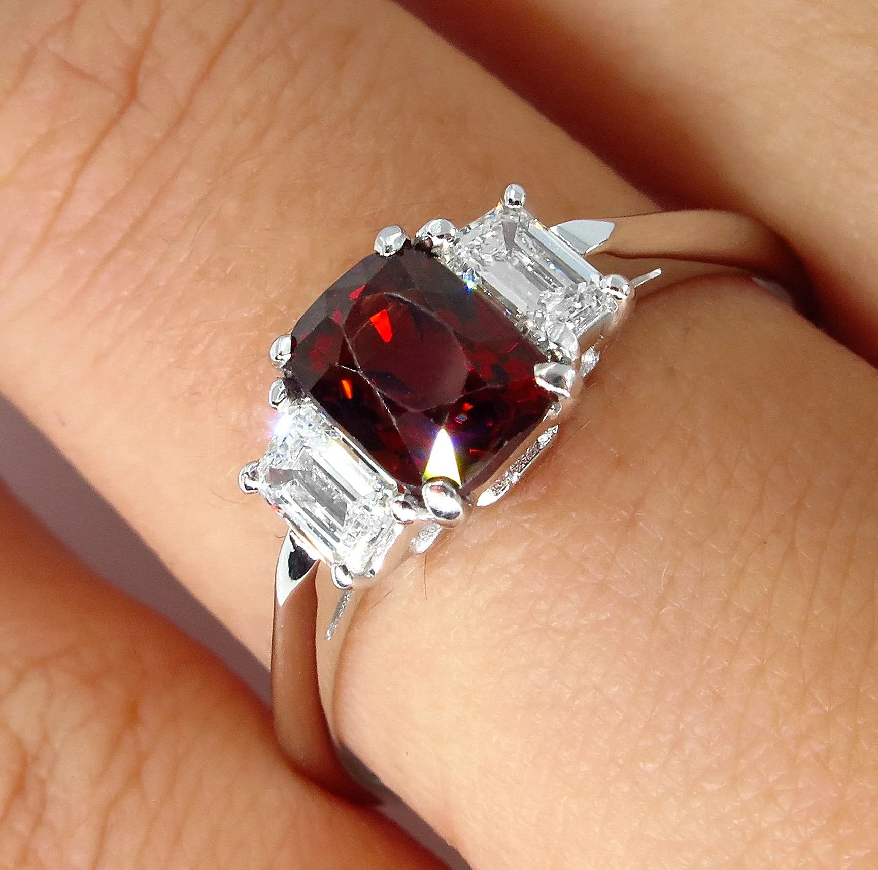 GIA 1.55ct Natural No-Heat Orangy Red SPINEL and Diamond 3 Stone Vintage Ring