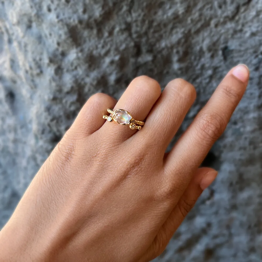 Gold & Rainbow Moonstone Wishing Well Ring - "Prismatic Daydream"